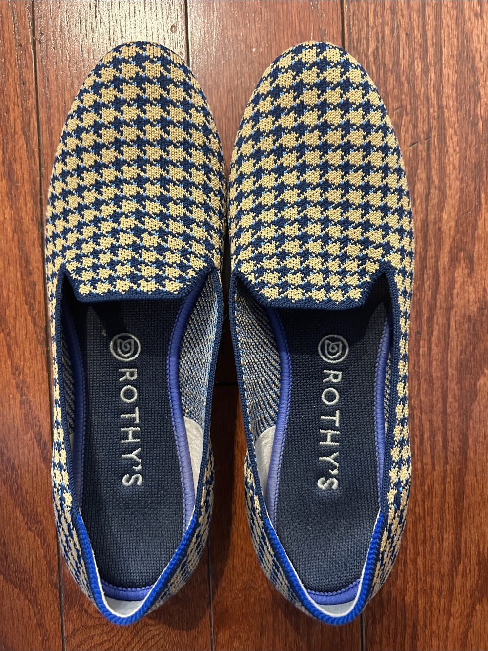 Rothy's Navy and Gold Houndstooth Slip-Ons